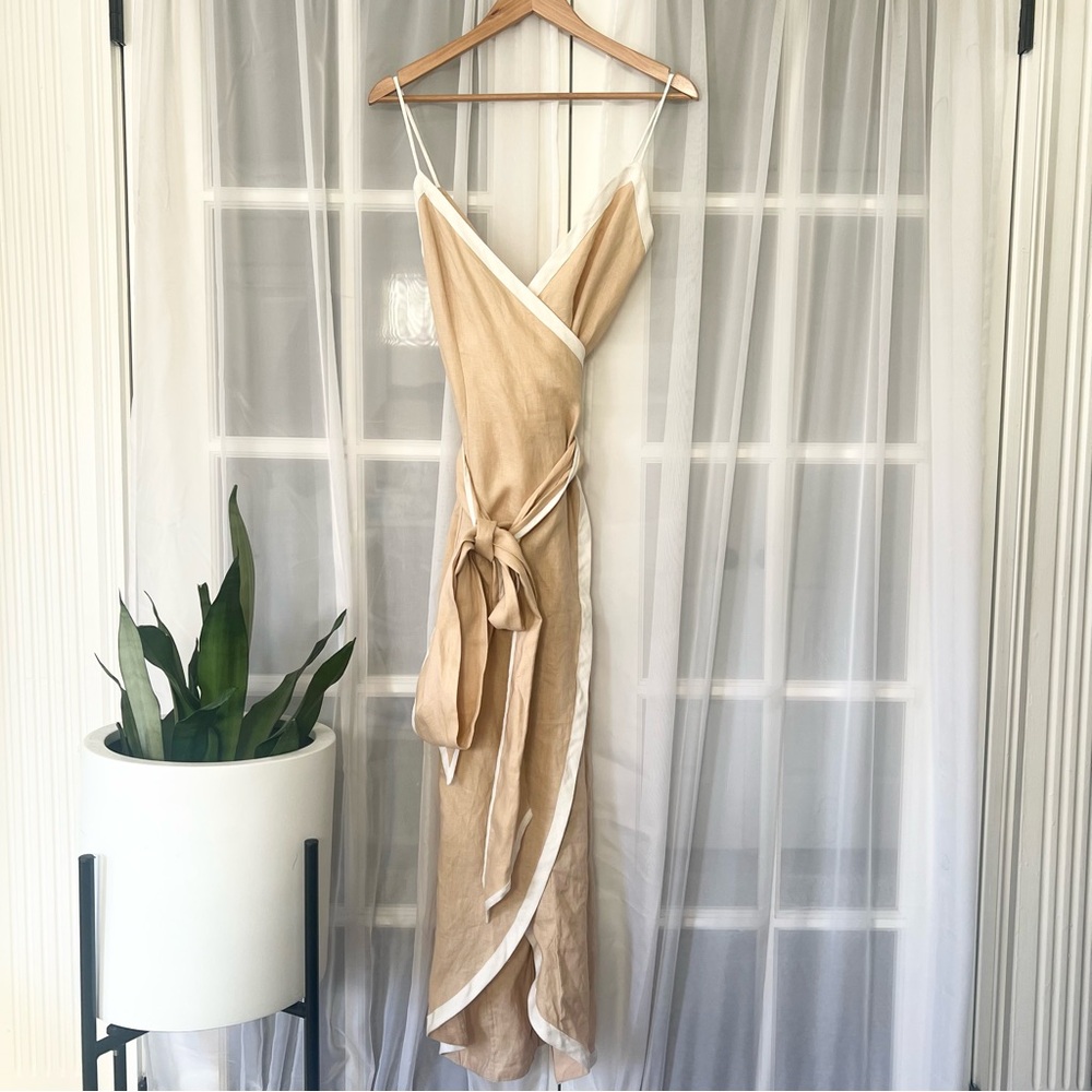 Anthropologie Azulu Vitoria Camel Linen Contrast Colorblock Wrap Dress Sz XS - Picture 2 of 12
